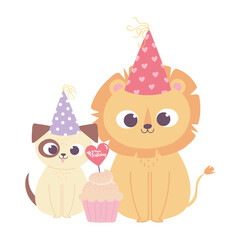 happy birthday, cute little lion dog with hat and cupcake celebration decoration cartoon