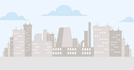 Cityscape vector cartoon outline illustration with sky and clouds. Urban landscape, skyline city, apartment blocks, factories, large modern office buildings. Real estate town concept.