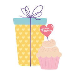 happy birthday, gift box and cupcake celebration decoration cartoon