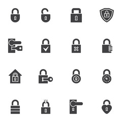 Security lock vector icons set, modern solid symbol collection, filled style pictogram pack. Signs, logo illustration. Set includes icons as closed and open padlock, key, door handle