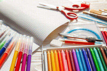 Back to school. Colorful office or school supplies. Copy space