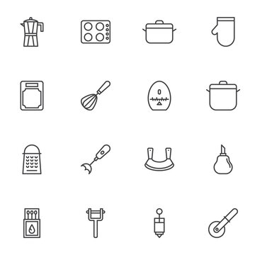 Kitchenware line icons set, kitchen utensils outline vector symbol collection, linear style pictogram pack. Signs, logo illustration. Set includes icons as coffee pot, saucepan, mixer, cutting board