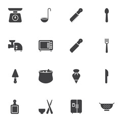 Kitchen, kitchenware vector icons set, modern solid symbol collection, filled style pictogram pack. Signs, logo illustration. Set includes icons as kitchen scales, spoon, fork, knife, microwave, ladle