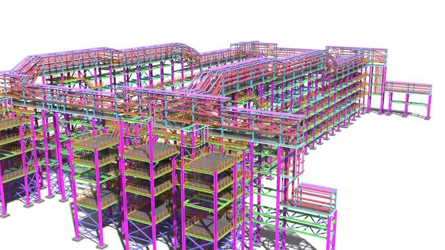 BIM model of a large steel industrial building for presentation to the customer from the design organization. Flight of the structural model of the building. 3D rendering.