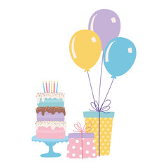 happy birthday, sweet cake gifts party hat and balloons celebration decoration cartoon