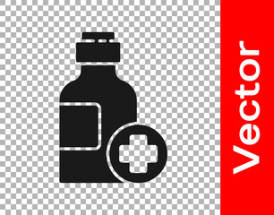 Black Bottle of medicine syrup icon isolated on transparent background. Vector Illustration.
