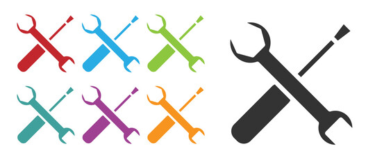 Black Screwdriver and wrench spanner tools icon isolated on white background. Service tool symbol. Set icons colorful. Vector Illustration.