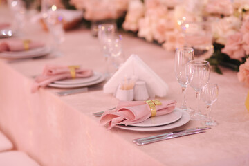 Table appointsment in restaurant. Wedding decoration in blue style