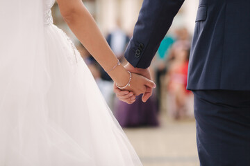 Close up of groom hold bride's hand in front of guests. Wedding ceremony. Back view