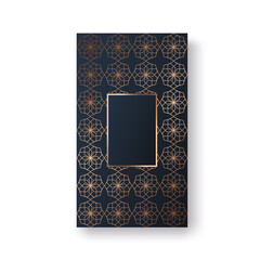 Raster packaging templates with different gold geometric pattern for luxury products, story of social media, invitation, cosmetics, chocolate, wine. On black, blue background.