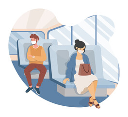 People travel in public transport during Coronavirus outbreak vector flat illustration. Man and woman wearing face masks and keeping safe social distance to protect from virus spread.