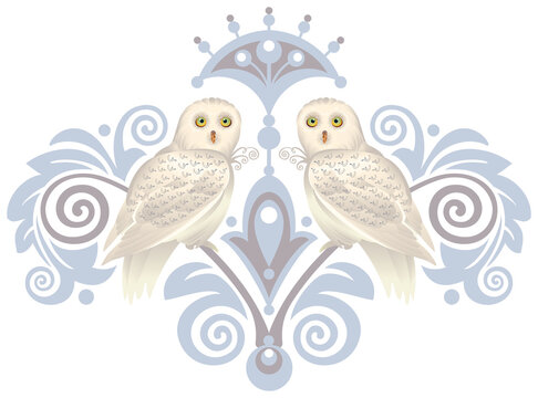 White Owl. The stylized image of two white owls. Ornament. Design element. Vector graphics