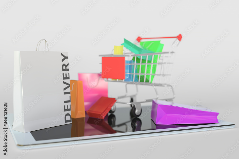 Aufkleber shopping cart on a tablet computer and paper bag with delivery text. e-commerce related 3d rendering