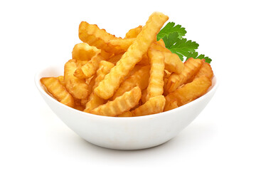 Fried French fries, potato fry, isolated on white background