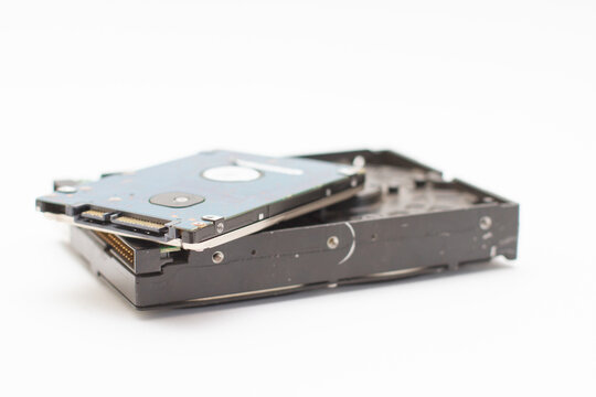 Computer memory hard disk drives. HDD for computer and laptop on white background. Selective focus