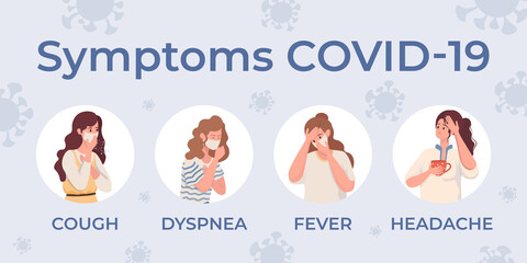 Symptoms of Coronavirus Covid-19 flat illustration with Coronavirus cells background. Young women have a cough, dyspnea, fever, and headache. Flu sickness by Coronavirus vector concept.
