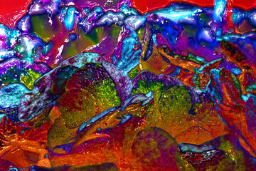 Imagen digital de flores de hortensia al estilo de una vidriera policromada. Fondo abstracto con efecto metalizado en relieve. © mavicfe