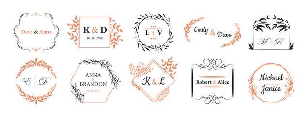 Wedding monograms set. Fancy logos in bohemian style, couple names in wreath like frames for event invitation cards design. For wedding ceremony, love, anniversary concepts
