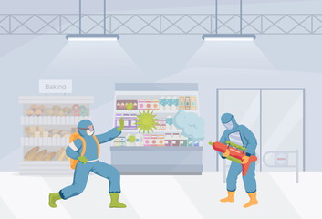 People in protective suits and medical masks clean grocery shop vector flat illustration. Cleaners disinfect surfaces and fight with Coronavirus cells. Protective measures against viruses, Covid-19.