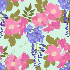 Seamless vector illustration with flowers of wild rose and wisteria.