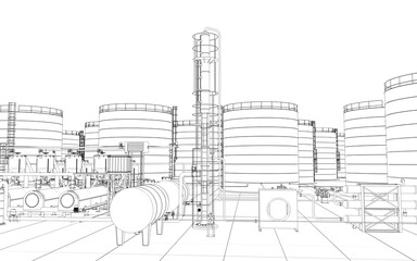 oil refinery, chemical production, waste processing plant, contour visualization, 3D illustration, sketch, outline