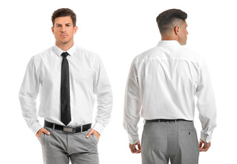 Young businessman in stylish shirt on white background