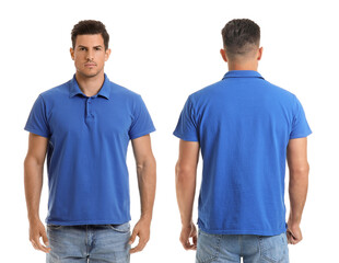 Young man in stylish t-shirt on white background. Front and back view