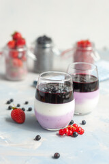 Layered blueberry dessert with cottage cheese in glasses on a concrete blue background. Vertical photo.