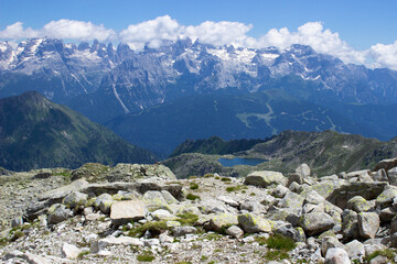 View on the Lago Nero with the background of the Brenta Dolomites, one of the most famous places of pure beauty in Trentino, Val Nambrone, Pinzolo, Italy.