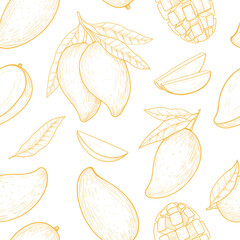 Vector mango  hand drawn sketch.  Vector seamless pattern.  Vintage style