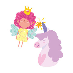 little fairy princess with magic wand and unicorn tale cartoon