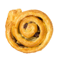 Sweet round bun with raisins isolated on a white background