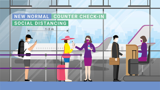 New Normal Concept. Social distancing. Queuing at the airport counter check-in checkpoint.