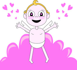 Cartoon cute cupid with flying hearts. Love card for Valentine's Day. The body parts are taken out on separate layers.