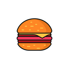 Cartoon hamburger with cheese, tomato and salad. Isolated on white background. Vector illustration. Design for banner, poster, card, print, menu.