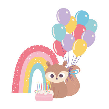 happy birthday, cute squirrel with cake balloons rainbow celebration decoration cartoon