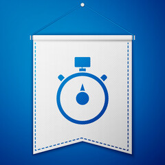 Blue Stopwatch icon isolated on blue background. Time timer sign. Chronometer sign. White pennant template. Vector Illustration.