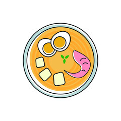 Laksa soup with noodles shrimps fish egg chopsticks spoon bamboo leaf traditional asian cuisine food dish