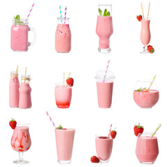 Tasty strawberry smoothie on white background