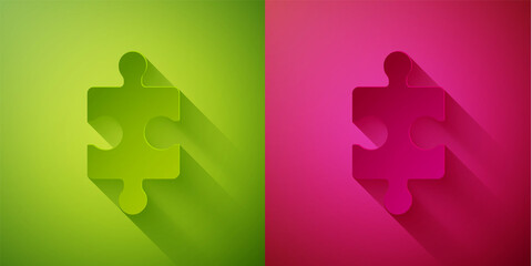 Paper cut Piece of puzzle icon isolated on green and pink background. Business, marketing, finance, layout, infographics, internet concept. Paper art style. Vector Illustration.