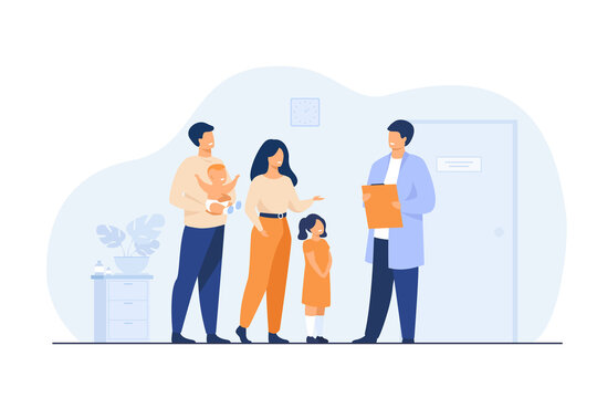 Happy young family with baby and pediatrician doctor isolated flat vector illustration. Cartoon pediatric patients in medical office or hospital. Emergency, health and medicine concept