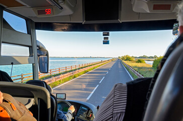 View from travel bus onto the causeway to Grado