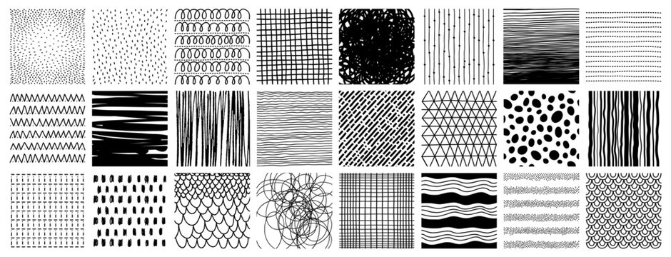 Collection of hand-drawn texture, lines, dots, scribbles, hatching, cells, strokes and abstract graphic design elements isolated on white background