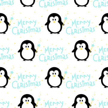 Vector seamless pattern cute black Penguin with blue and yellow magic wand and hand lettering Merry Christmas isolated on white background.