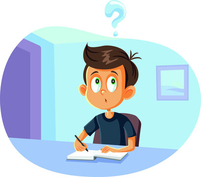 School Boy Having Questions Doing Homework Vector Cartoon