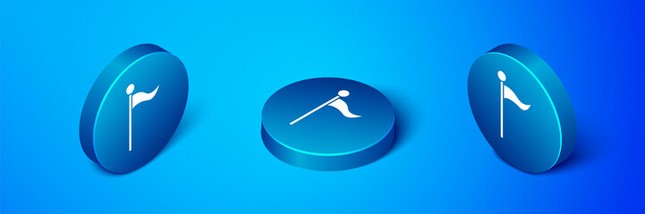 Isometric Flag icon isolated on blue background. Location marker symbol. Blue circle button. Vector Illustration.