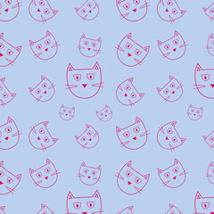 Obraz premium Seamless pattern of serious muzzles of a cat with a pink contour mustache on a blue background doodle vector