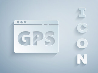 Paper cut Gps device with map icon isolated on grey background. Paper art style. Vector Illustration.