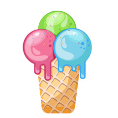 Ice cream balls in the waffle cone. Vector flat illustration isolated on white background.
