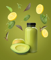 Bottle of fresh smoothie with avocado and apple on white background